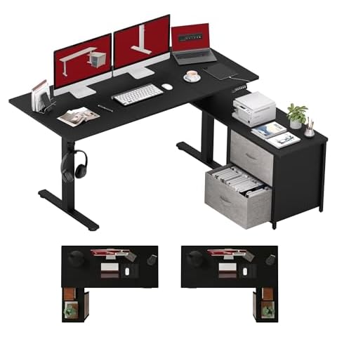 SANODESK 63'' L Shaped Standing Desk with 2-Drawer File Cabinet, Electric Height Adjustable Stand up Desk w/USB Charge Ports, Home Office Modern Wood Computer Desk with Shelves,Black Frame/Black Top Cover