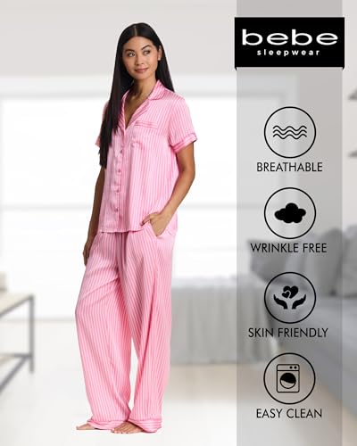 bebe Women's Silky Satin Bridesmaid Pajama Set – Button Down Short Sleeve Sleepwear in Luxe Patterns3