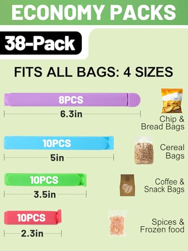 Image of ANPHSIN 38 PCS Colorful Chip Clips, 4 Sizes (6.3 inch, 5 inch, 3.5 inch, 2.3 inch) | Good Sealing Bag Clips for Food Snack Storage, Keeps Coffee, Bread, Cookies Fresh