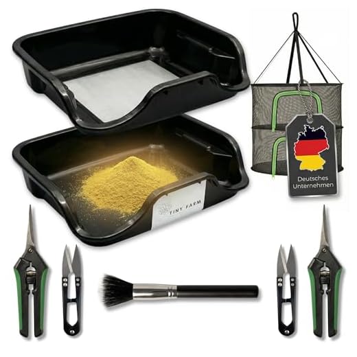 GREEN24 Profi Gewächshaus-Wanne XL565 wasserdicht für Pflanzen, Gewächshäuser und Garten 7 TINY FARM - Premium Trim Bin Set mit 150 Mikron Pollensieb, Trimmschale mit Trimmscheren und Netz | Trimming Tray und Dry Sift Sieb | Trim Tray | Erntemaschine Grow | Trim Bowl | Trimbin | Trim Bowl