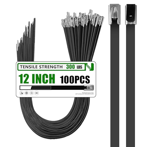 MasiStranth Metal Zip Ties 100 Pack 12 Inch 304 Stainless Steel 300LBS Heavy Duty Zip Ties Black - Self-Locking Cable Ties for Exhaust WrapChain Link Fence Parts Outdoor Farms Pipes