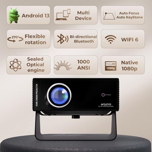 WZATCO Yuva Blaze, Android 13, Smart Home Projector, Native 1080P Fully Automatic, Sealed Engine, 1000 ANSI Lumens, ARC, WiFi 6 & BT, Screen Mirroring, Portable Room Cinema, Black view 2