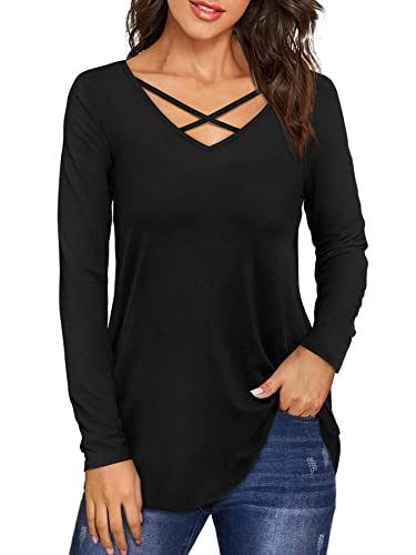 Beluring Damen Tshirts Sexy Tiefer V-Ausschnitt Langarm Oberteile Schwarz L Cover