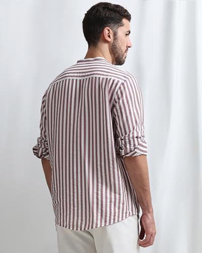 Image of MUFTI Men Shirt | Slim Fit Mandarin Collar Vertical Striped Design | Premium Viscose Nylon Blend & Crinkled Texture for Smart Casual & Weekend Wear