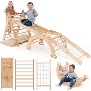 Goodevas Extra Groß 5-in-1 Indoor Klettergerüst für Kleinkinder - Dreiecksleiter, Kletterbogen & Kletterrampe & Netz, Kissen, Montessori Klettergerüst, Kinder Holzspielplatz, für Kinder von 1-5 Jahren