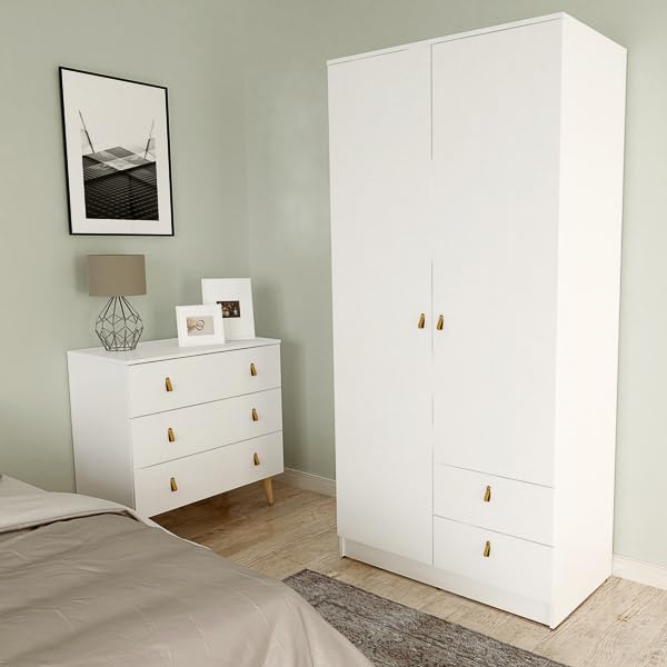 Meyvaser.com Ecommerce Company Armario Dormitorio Blanco Poro 2 Puertas y 2 Cajones | 200 x 100,2 x 51,6 cm Fabricado en España | Tablero Melaminado 16 mm Canteado PVC