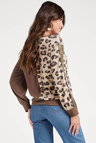 Women's Casual Brown Leopard Splicing Waffle Knit V Neck Top3