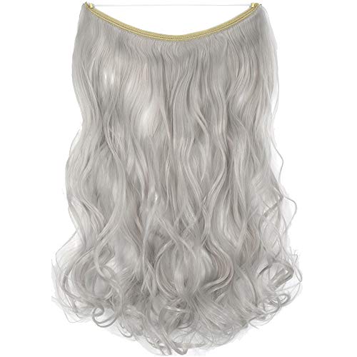 Curly Hair Extensions Hairpieces 20inch Synthetic Ladies Girls Invisible Wire Wavy Halo Secret Extension Pieces (Silver Gery)