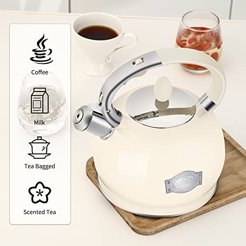 Rettberg Tea Kettle For Stovetop Whistling Tea Kettles Retro Black Stainless Steel Teapots, 2.64 Quart (Cream) #TOP4