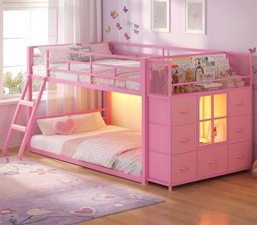 BTHFST Low Bunk Bed Twin Over Twin with 7 Large Fabric Drawers & Bookshelf Metal Bunk Bed with RGB LED Lights & Slanted Ladder & Safety Guardrail Space-Saving Kids Low Loft Bed Twin Pink