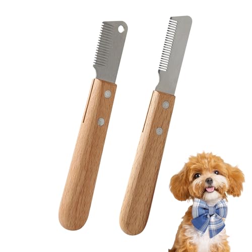 2 cuchillos de corte para perros con mango de madera, peine de corte fino y grueso, cuchillo de corte para perros, recortador de acero inoxidable, peine para perros, herramienta de cuidado para