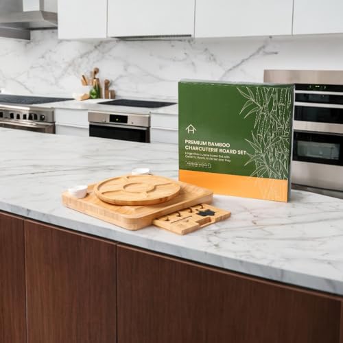 Kit de Tábuas de queijo e frios Bambu, petisqueira, facas, molheira de porcelana. Conjunto de tábuas