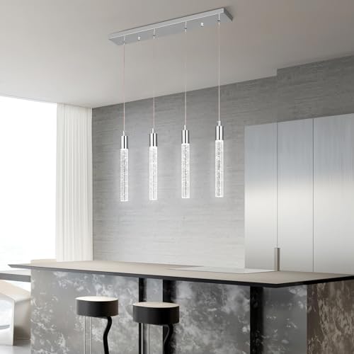 Image of Kitchen Island Lighting Modern Light Fixture Chrome Pendant Light Dimmable LED Chrome Finish Mini Crystal Pendant Lights for Dining Room Living Room（4-Light）