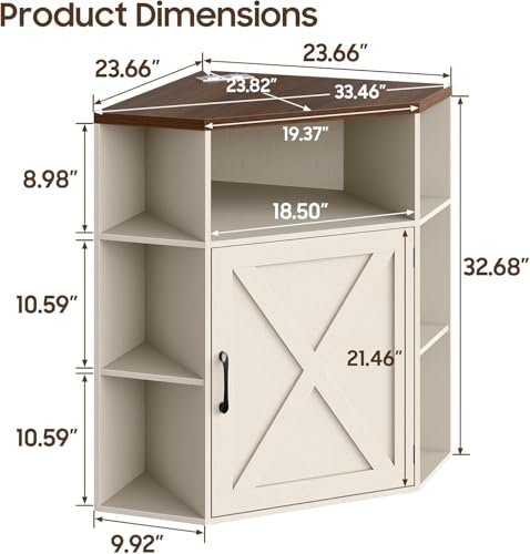 Image of Halitaa Corner Storage Cabinet, 6-Cubby Wooden Cabinet with USB Ports and Outlets, Farmhouse Corner Bookshelf with Storage Industrial Organizer for Study, Playroom, Living Room, White and Brown