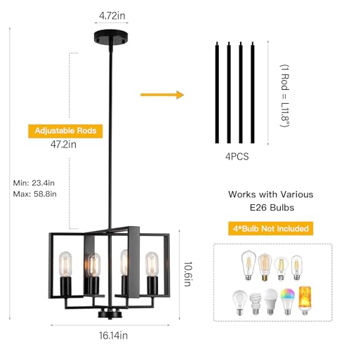HFYOXK Modern Chandeliers for Dining Room, Black Farmhouse Chandelier, 4 Lights Industrial Pendant Light Fixture Adjustable Hanging Lights for Living Room Entryway Kitchen (Black, 16.14"【4 Lights】) by HFYOXK - Used condition - Image 3