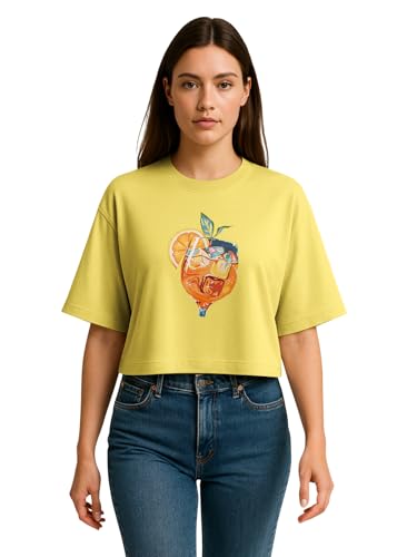 Image of HELLCAT Beige Printed Loose Fit Crew-Neck Crop T-Shirt for Women