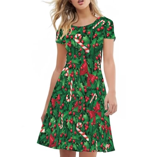 Image of POLERO Women Puffy Swing Elegant Party Midi Dresses Short Sleeve Round Neck A-Line Dress