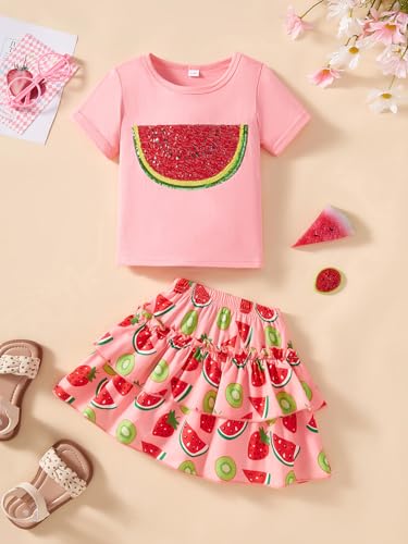 Image of Little Girls Skirt Set - 2 Piece Short Sleeve Top Shirred Tiered Skirt Outfit Girls Spring Summer Clothes 3-8 Years