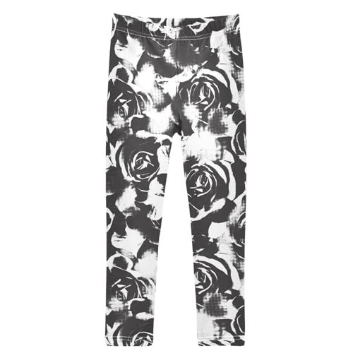 Girls' Leggings Ink Flower Black White Rose Ankle Length Printed Leggings Comfort Pants for Kids 4-10 Years