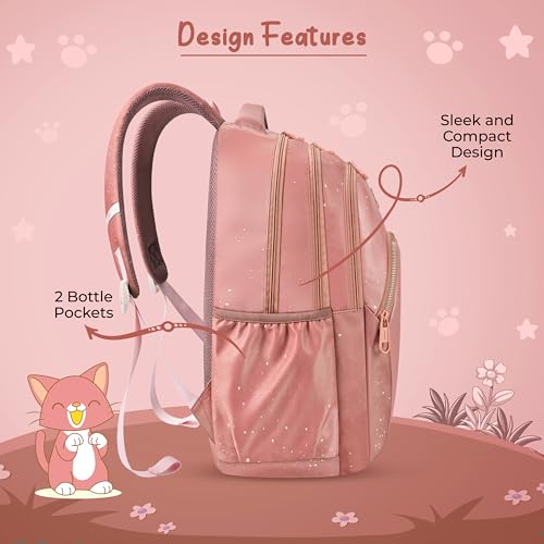 Image of Gear Cutie Cat 17 inch /27L Large Water Resistant School Bag | Casual Backpack | Daypack | Travel Backpack | Kids Bag for Boys /Girls (Brown - Pink)