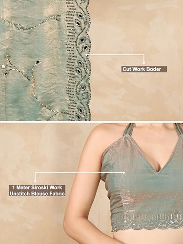 Image of TRENDMALLS Women's Satin Siroski With Mirror Work Saree with Unstitch Blouse Piece (K1158-SteelGreen)