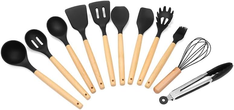 Miniatura 4 de 19 utensilios de cocina de silicona sin BPA, mango de madera, espátula, cucharón, cucharón, cuchara, batidor, cepillo, tabla de cortar, cuchillos,