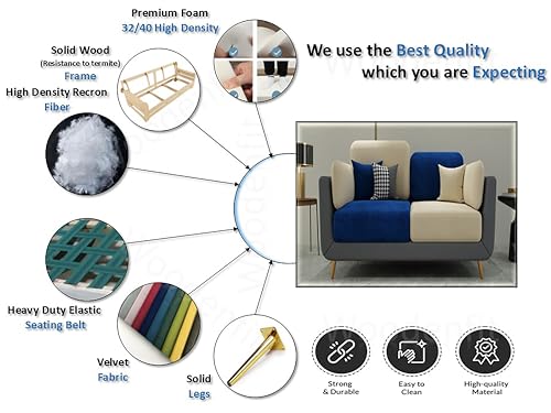 Image of Sixpine Luxury Dual Color Upholstery Sofa in Premium Velvet | Solid Wood Structure | Sturdy Golden Legs | High Density Foam | Extra Comfort for Modern Living Room (Blue & Beige, 2 Seater)