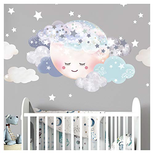 Little Deco Wandaufkleber Kinderzimmer Mädchen Mond & Wolken I XL - 75 x 50 cm I Wandtattoo Baby Wandsticker Deko Zimmer DL445