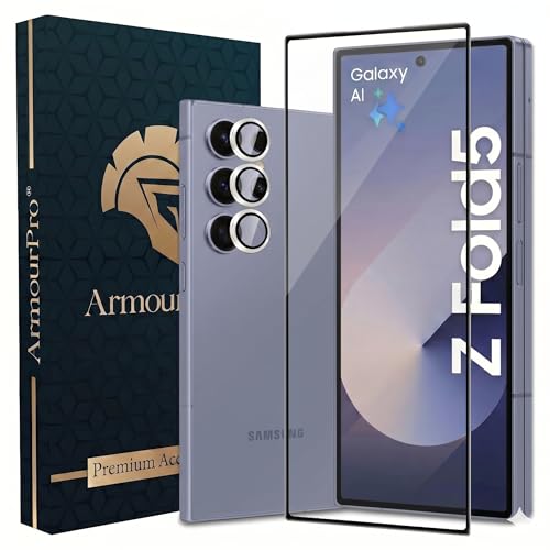 Image of ArmourPro Edge to Edge Tempered Glass for Samsung Galaxy Z Fold 5 with Silver Camera Ring Guard, 9H Screen Protector, Anti-Scratch, Anti-Fingerprint, Bubble-Free Installation Kit
