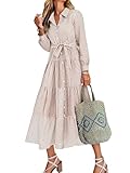 Caracilia Women Long Sleeve Maxi Dress 2025 Spring Casual Button Down Striped Plaid Tie Waist Shirt Dresses Vacation Outfits Light Brown White Stripe Medium