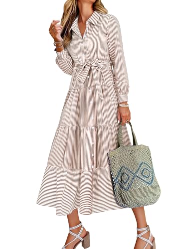 Caracilia Women Long Sleeve Maxi Dress 2026 Spring Casual Button Down Striped Plaid Tie Waist Shirt Dresses Vacation Outfits Light Brown White Stripe Medium