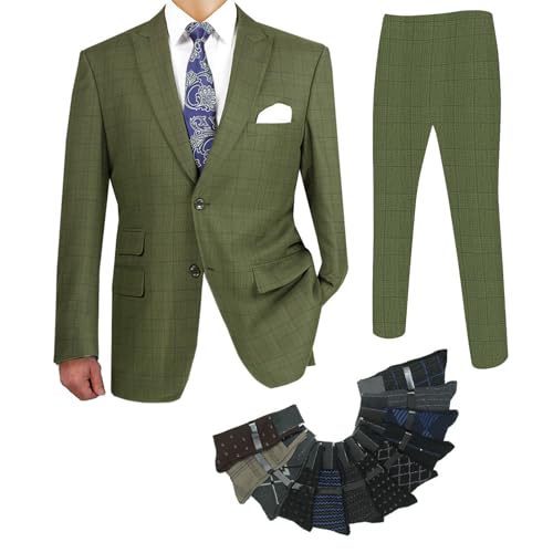 Luxurious Men's Modern-Fit 2-Piece Windowpane Suit, Jacket and Pants w/1 Pair of Socks