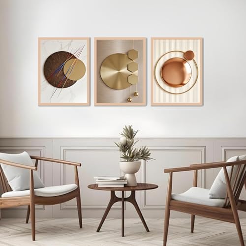 Image of ARAkri Geometric Abstract Wall Art Set of 3, Framed Poster Prints, Gold and Copper Tones, Modern Abstract, Ready to Hang, Living Room Decor (Art 1, 10x 13 inch)