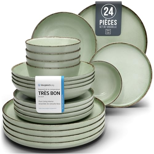 Pure Living Service de table en faïence rustique pour 6 personnes 24 pièces Vainqueur du test Style maison de campagne de qualité supérieure Vert menthe