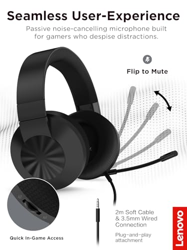 Image of Lenovo H210 Wired Gaming Headset - 3.5mm Connection, Flip-to-Mute Noise-Cancelling Microphone, Breathable Ear Cups - Black