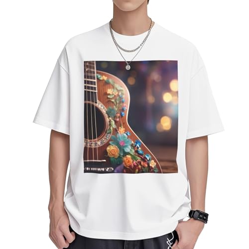 T-shirt imprimé guitare floral pour femme en coton ample manches courtes
