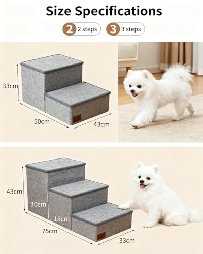 Dog Stairs with Storage, 3-Step Pet Stairs for Small & Medium Dogs and Cats, Dog Steps for Bed, Detachable & Reconfigurable Design, Anti-Slip Steps, Sturdy 132lbs Support, Ideal for Bed, Sofa & Window — view 2