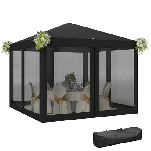 Outsunny 3 x 3 m Pop Up Gazebo, 420D Garden Tent Canopy with Removable Mesh Sidewall Netting, Carry Bag for Garden Patio Outdoor, Black