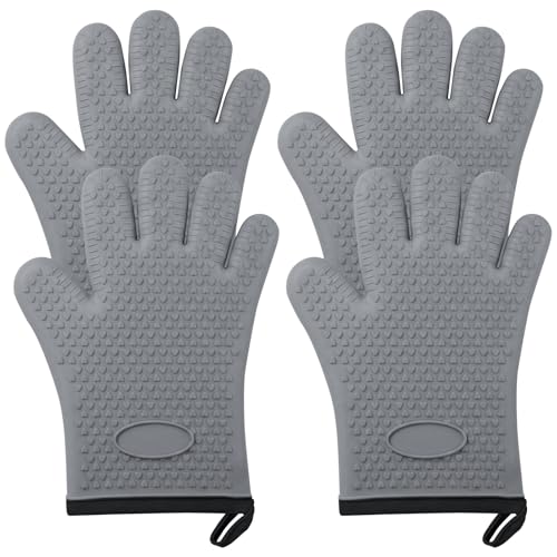 SZTCECDM 2Pack Silicone Oven Gloves with Fingers - Heat Resistant, Flexible Non-Slip Oven Mitts for Hot Pans, Easy to Clean Waterproof Kitchen Mittens for Baking(Grey)