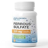 Puregen Labs Ferrous Sulfate 325 mg (65 mg Elemental Iron) High Potency Iron Supplement | No Artificial Color Additives - 200 Tablets