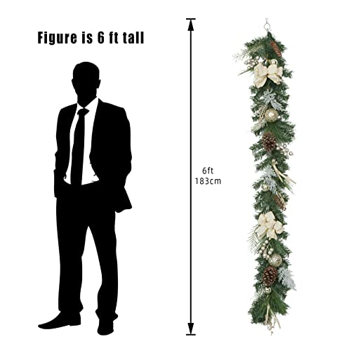 Christmas Garland with Lights, 6 FT Artificial Battery Operated Lighted Christmas Garland with Berry Antler Decorations for Indoor Outdoor Fireplace Banister Home Decor