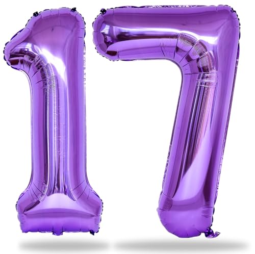 Purple Number 17 Mylar Foil Balloons, 40 Inch Giant Purple 17th Birthday Balloons for Girls, Purple Number 1 & 7 Helium Balloon for Women 17th Anniversary Party Decorations Supplies