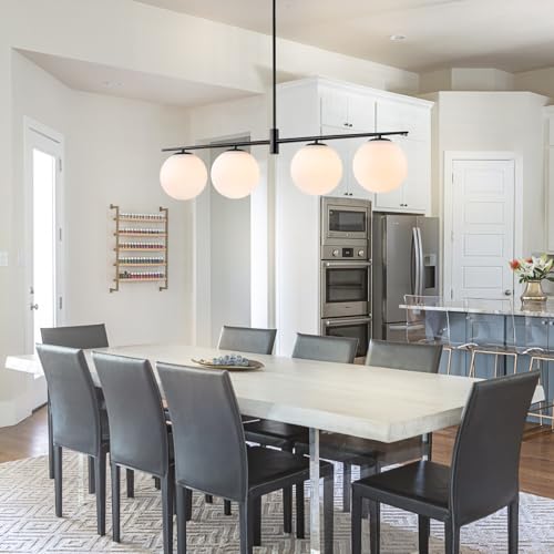 Image of Black 45.3 inch Linear Chandeliers for Dining Room 4-Lights Milk Glass Globe Large Modern Linear Chandelier for Kitchen Island Living Room, Mid Century Chandelier Light Fixture Over Table