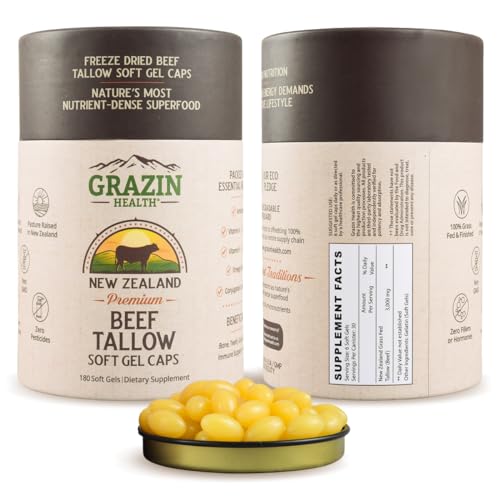 GRAZIN HEALTH Grass-Fed Beef Tallow Capsules 3000 mg Per Serving | Pasture-Raised Grass-Finished (New Zealand) | Non-GMO No Fillers or Flow Agents | cGMP Manufactured | 30-Day Supply