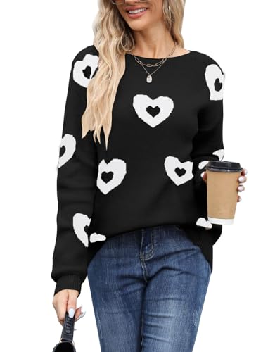 Image of Womens Cute Heart Sweater Crew Neck Long Sleeve Pullover Valentines Sweater