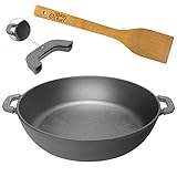 tefal servierpfanne 28 cm Hergestellt in Europa BIOL 28 cm Servierpfanne aus Gusseisen 66mm Höhe Schmortopf Bratpfanne Bräter Pfanne + Pfannenwender aus Bambus 4big.Fun + Silikongriffe - Induktion - 23cm Bodendurchmesser - Alle Herdarten