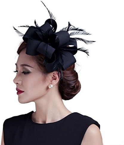 YSJOY Elegant Satin Loop Flower Feather Fascinator Derby Hat Wedding Party Tea Party Hat Church Hair Aceessory Black