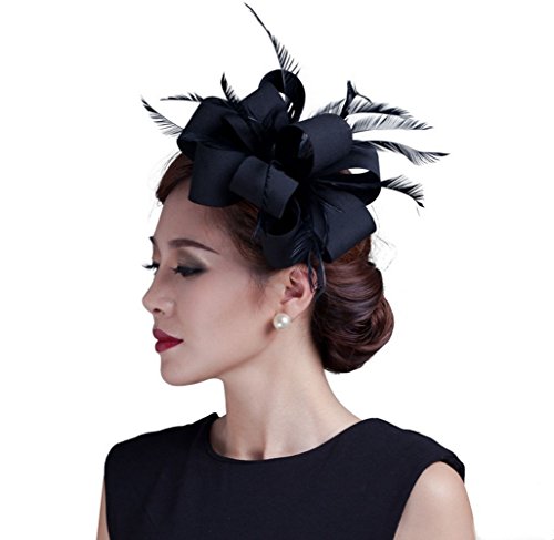 Ysjoy Elegant Satin Loop Flower Feather Fascinator Derby Hat Wedding Party Tea Party Hat Church Hair Aceessory Black #TOP3