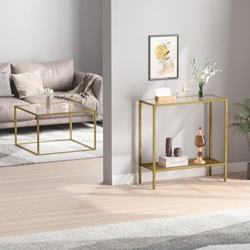 SAYGOER Gold Console Table Small Glass Entryway Table Narrow Sofa Table with Storage, 2 Tier Couch Table Hallway Table for Entry Way Living Room Home Office, Easy Assembly