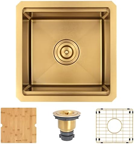 MONSINTA Gold Bar Sink, Undermount Bar Sink, 15" x 15" Small Single Bowl Bar Sink, RV Sink, 16 Gauge Stainless Steel Kitchen Sink with Sink Protector, Cutting Board and Sink Drain Assembly